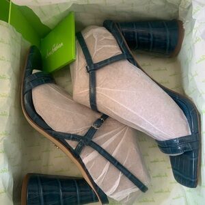 SAM EDELMAN Heels Kit Slingback Block Heel Sandal Wild Indigo Croc Embossed NIB